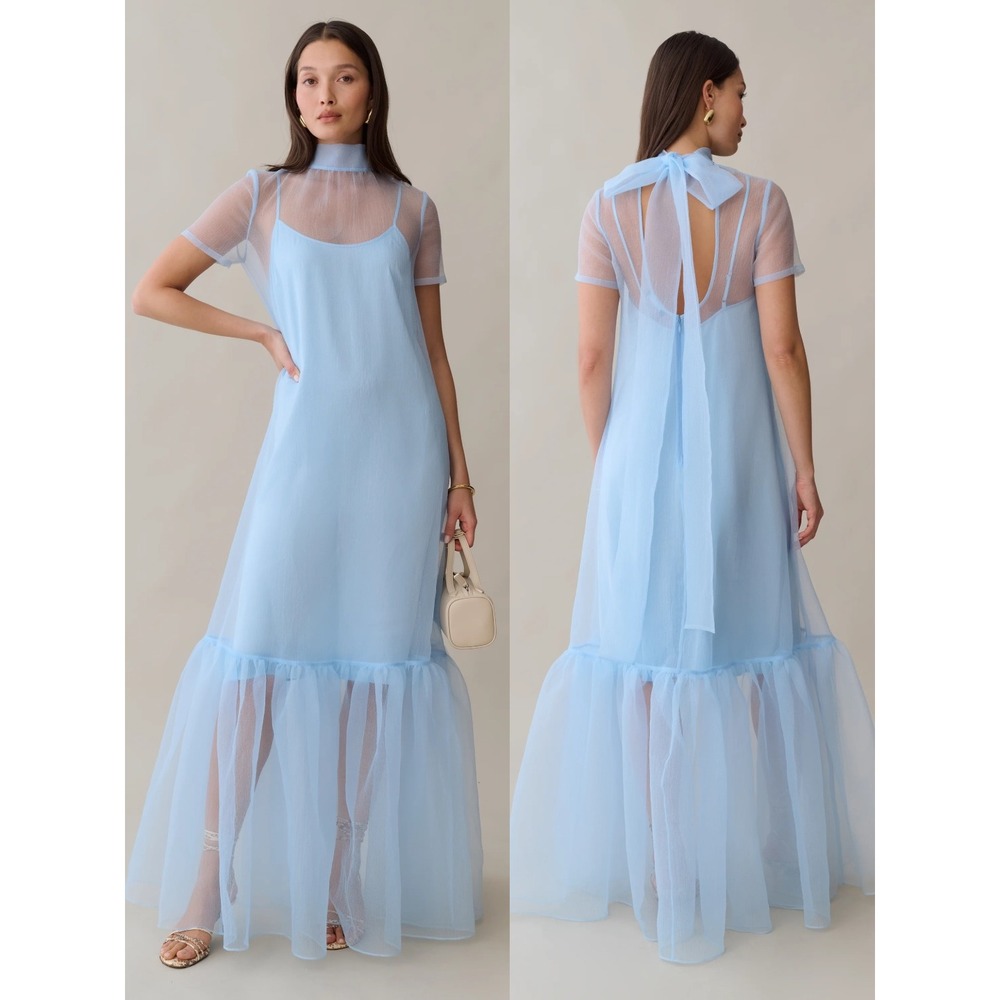 NWT CAARA Melody Organza Tie Neck Maxi Dress in Light Blue - Size Medium
